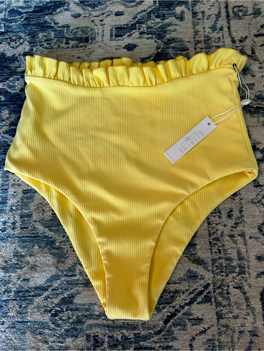 Cintrine High-Waist Yellow Ribbed Bikini Bottoms with Ruffle Trim